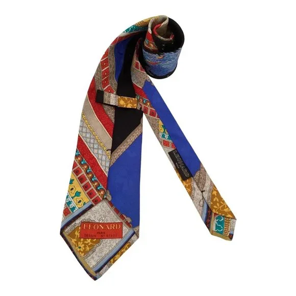 LEONARD PARIS Multicolor Parrot Print Silk Tie 58-3.75 EX COND